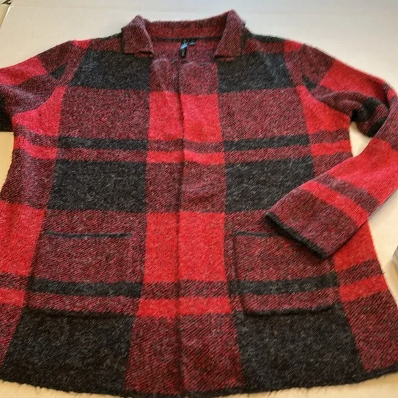 Allie & Rob Collared Lightweight Red Black Paid Open Front Pocket Cardigan Sz XL - Picture 5 of 10